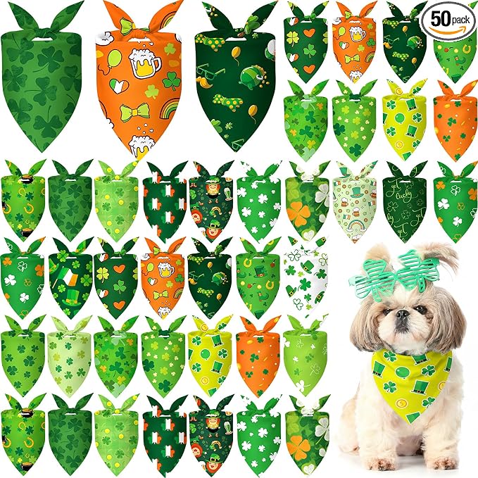 50 Pcs St Patrick's Day Dog Bandanas Bulk Green Shamrocks Bandanas for Dogs Triangle Kerchief Bibs Scarf for Pet Irish Costume Photo Props Pet Shops Groomer, 25 Styles (19.7 x 13.8 x 13.8)