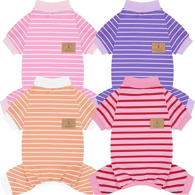XPUDAC 4 Pack Dog Pajamas Striped Dog Clothes for Small Medium Dogs Girl Boy Comfy Puppy Outfit Doggy Jammies Onesie Pet Costume, Purple, Pink, Orange, S