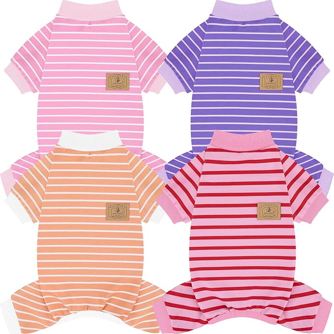 XPUDAC 4 Pack Dog Pajamas Striped Dog Clothes for Small Medium Dogs Girl Boy Comfy Puppy Outfit Doggy Jammies Onesie Pet Costume, Purple, Pink, Orange, 2XL