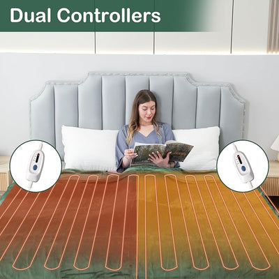 Eydna Electric Heated Blanket Queen Size 84"x90", Soft Plush Microplush for Bed, Dual Controllers & Heating Zones, 10Hs Auto Off & 4 Heating Levels, Machine Washable, Gifts for Womens-Sage Green