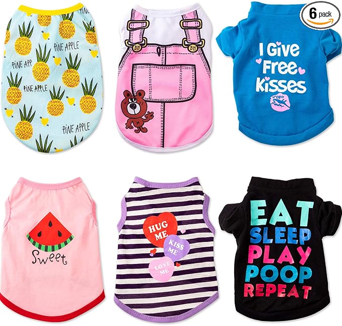 6 Pcs Dog Clothes Printed Doggie Shirts Puppy T-Shirts Cute Pet Cotton Clothes Doggie Shirt for Small Medium Dog Apparel Summer Christmas(XS)
