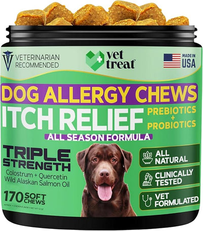 Vet Treat Dog Allergy Relief Chews - 170 Dog Allergy Chews - Itch Relief for Dogs - Anti Itch for Dogs - Dry & Itchy Skin - Allergies & Immune Support Supplement, Omega 3, Fish Oil, Colostrum - USA
