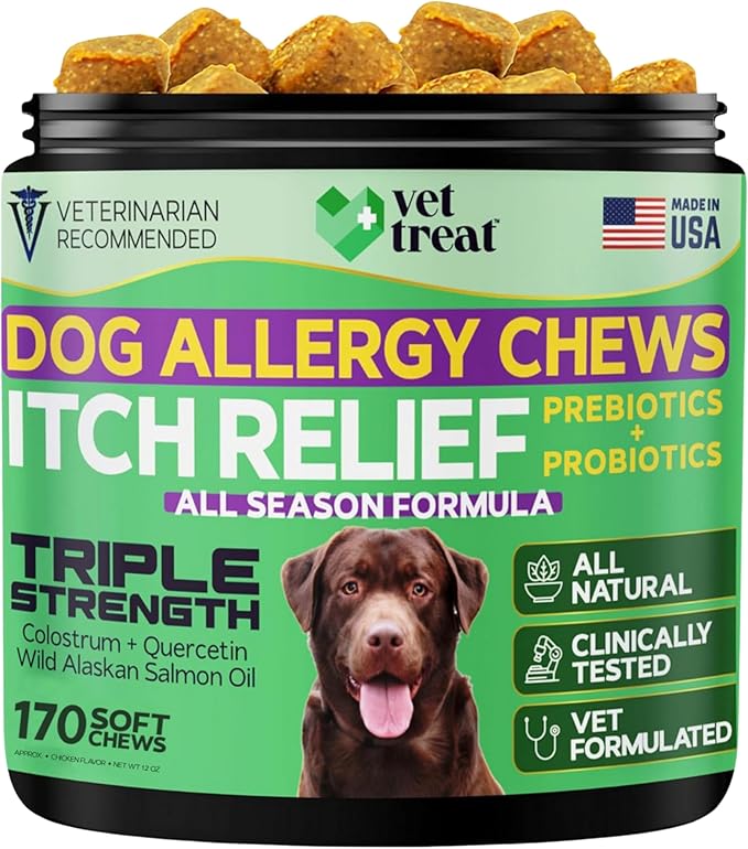 Dog Allergy Relief Chews - 170 Dog Allergy Chews - Itch Relief for Dogs - Anti Itch for Dogs - Dry & Itchy Skin - Allergies & Immune Support Supplement, Omega 3, Fish Oil, Colostrum - USA