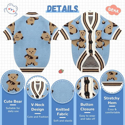 ABRRLO Small Dog Sweaters Cute Bear Dog Cardigans Clothes for Small Medium Dogs Boy Girl Puppy Cat Knitting Cardigan Outfits Dogs Winter Coats Warm Pet Doggy Clothes Soft Knitwear Apparel (Blue,S)