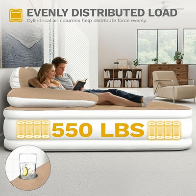 DWVO Queen Size Air Mattress with Headboard & Cup Holders, Blow Up Bed with Built-in Pump & Carry Bag, Fast Inflation Air Bed for Home, Guests & Camping, 60" x 80" x 36", Brown