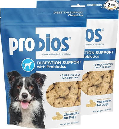 Probios Digestive Support Chewables for Dogs, Daily Probiotic Supplement with Digestive Enzymes and Prebiotics for Gut Health and Immune Support, 1 lb (Pack of 2)