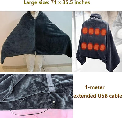Cordless Heated Shawl,USB Heated Blanket Throw, Wearable & Portable Heating Electric Blanket for Adults, Large Size 71" × 36",3 Levels & 8 Heating Zone Shawl for Indoor & Outdoor, Dark Grey