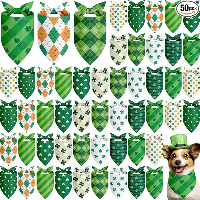 50 Pcs St Patricks Day Bandanas Bulk for Dogs Adjustable Irish Shamrocks Clover Green Plaid Triangle Soft Bibs Puppy Bandana for Small Medium Large Cat Pet Costume(25.6 x 17.7 x 17.7 Inch)
