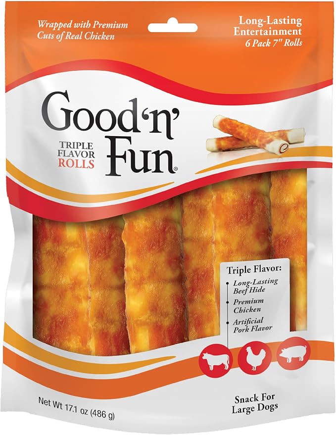 Good n' Fun Rolls Long-Lasting Dog Treat, For Large Dogs, With Real Proteins, Beef Hide and Premium Chicken, Supports Dental Health, Mental Stimulation, 6 count