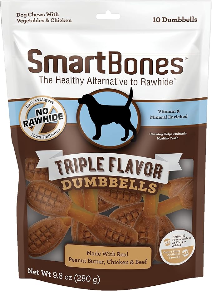 Triple Flavor Dumbbells, 10 Count, Rawhide-Free Chews for Dogs, Made with Real Peanut Butter, Chicken and Beef