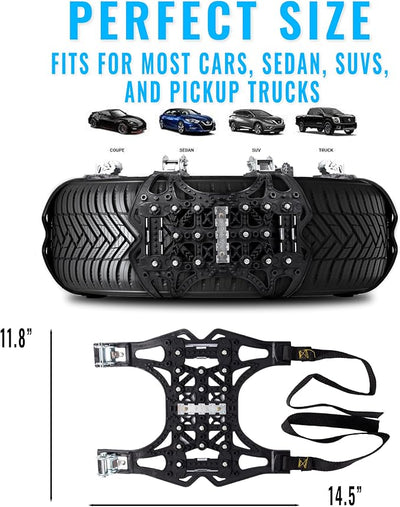 VaygWay Car Snow Tire Anti-Slip Chains - All Season Black Upgraded - Emergency Vehicle Tire Chains for Cars, SUVs, & Trucks (Black Upgraded, 12 Pack)