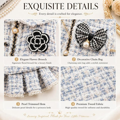 Spring Fall Winter Dog Tweed Coat with Pearl Design, Warm Fleece Dog Dress for Small Medium Dogs & Cats, Cute Puppy Clothes with Bow & Flower, Luxury Pet Outfit for Girls(Blue, M)