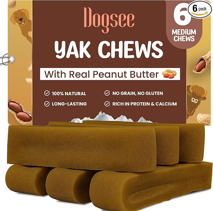 Peanut Butter Flavor Himalayan Yak Cheese Dental Chew's for Dogs 1lb (Medium - 6 Chews) 60% Protein, Dog Treats Healthy, Shiny Skin & Coat No Grain, No Gluten Dog Chews Rawhide Free