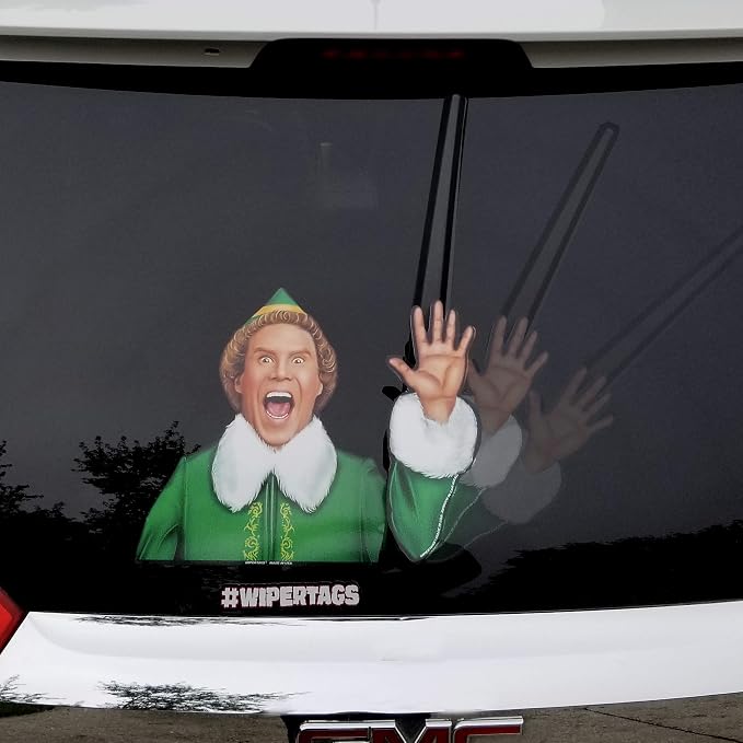 Jolly Elf Waving Arm Wiper Blade Decal for Christmas and Winter. WiperTags Attach to Rear Vehicle Wiper Blades and Waves When the Wiper is Turned on. Made in USA.