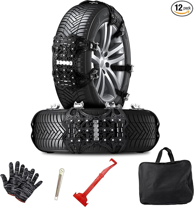 VaygWay Car Snow Tire Anti-Slip Chains - All Season Black Upgraded - Emergency Vehicle Tire Chains for Cars, SUVs, & Trucks (Black Upgraded, 12 Pack)