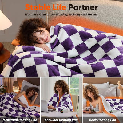 Heated Electric Blanket Throw, 50X60 Heating Blanket with 10 Heating Levels & 8 Hours Auto Off for Lap, Deep Purple Checkered Plaid Soft Sherpa Blankets, Gifts for Mom, Grandma Women Couch
