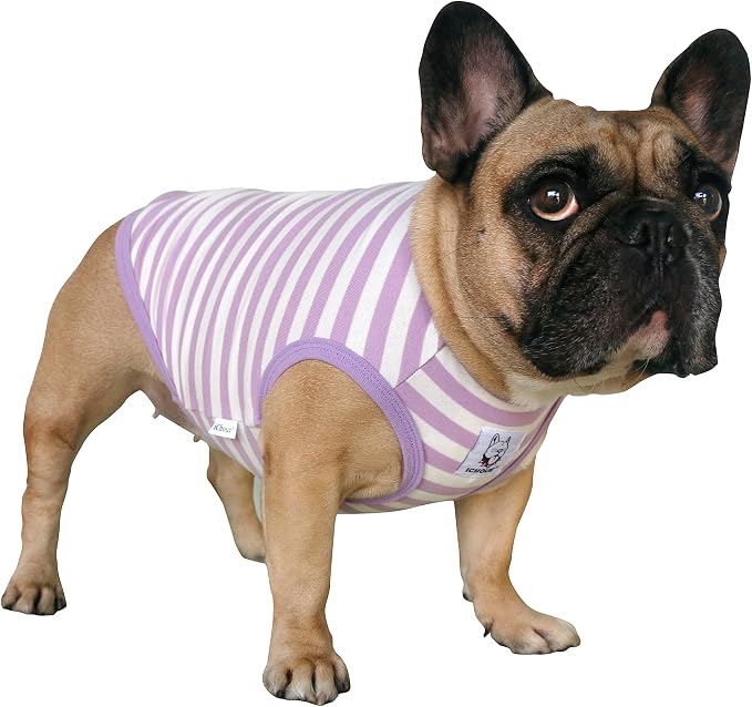 iChoue English Bulldog 100% Breathable Cotton Striped T Shirts Halloween Vest Clothes for Medium Dogs Tank Tops French Frenchie Pug Boston Terrier Pitbull Purple White Stripes - XLarge