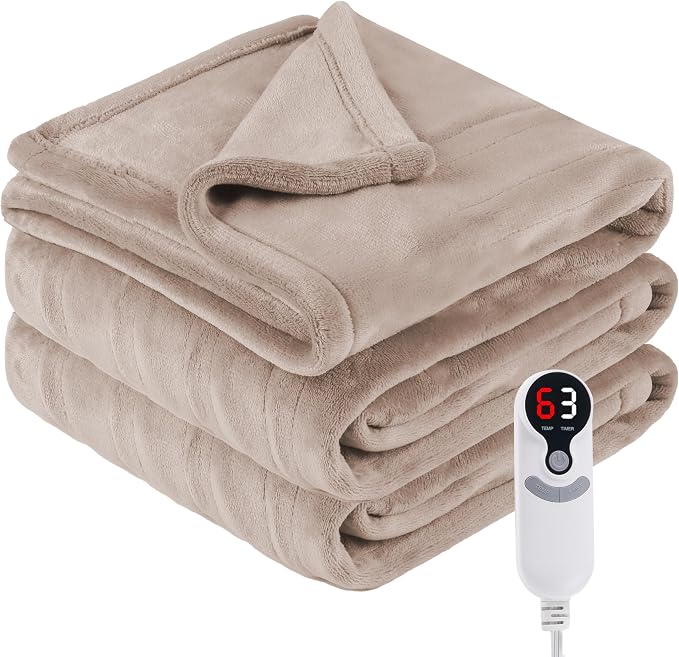 Eydna Electric Heated Blanket Throw Size 50"x60", Fast Heating Throw, Soft Microplush for Sofa & Office, 9 Heating Levels & 1-10 Hours Auto Off, Machine Washable, Gifts for Womens -Camel