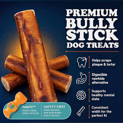 Bow Wow Labs SafeFit™ Bully Sticks for Dogs - 100% All Natural Beef Sticks, Grass-Fed, Low Odor, Long Lasting Dog Chews, Dog Chew Treats, Bully Stick for Small, Medium, Large Dogs - 12" Jumbo 10 Pack