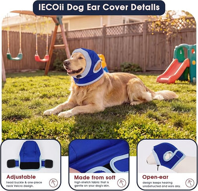 IECOii Dog Ear Cover Muffs for Dogs,Adjustable Dog Ear Wrap(Blue,M) | Soft Calming Hood That Helps Dogs Feel More Comfortable During Fireworks,Thunderstorms,Grooming & Travel