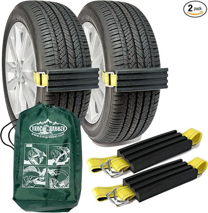 TRACGRABBER Tire Traction Device for Cars & Small SUVs, Set of 2 - Made in the USA, Anti Skid Emergency Tire Straps to Get Unstuck from Snow, Mud, & Sand - Snow Traction Mat or Tire Chain Alternative