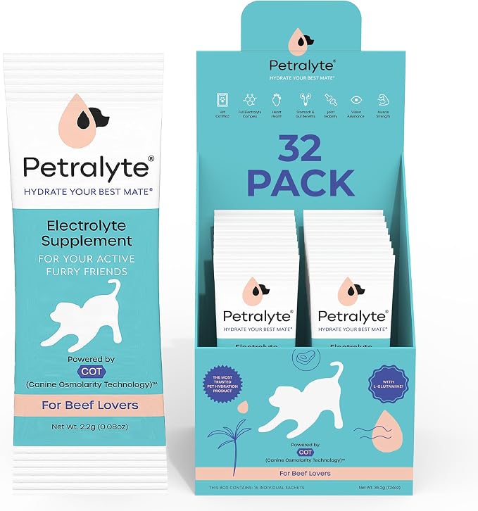 Dog Electrolytes and Joint Supplement | Hydration Support for Dogs w/Glucosamine, Chondroitin & More | Electrolytes for Dogs with Prebiotics | for Beef Lovers | 32 Packets