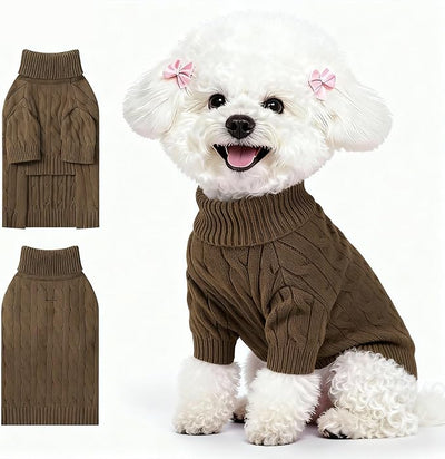 Small Dog Thermal Pullover Sweater, Classic Turtleneck Cable Knitwear Dog Clothes for Cold Weather Warm Pet Clothes for Chihuahua, Bulldog, Dachshund, Pug Tan Medium