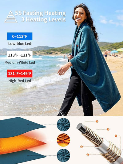 Electric Heated Blanket Battery Operated, Portable Heated Shawl for Neck and Shoulders and Back, Heating Blanket with Zipper, 20000mAh, 3 Heating Levels, up to 8 Hours