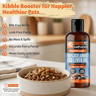 Wild-Caught Pure Icelandic Cod Liver Oil for Dogs & Cats 8oz, Single-Ingredient, 1150 mg Omega-3, High EPA/DHA, Natural Vits A&D, Supports Healthy Skin, Coat & Mobility, 8oz bottle