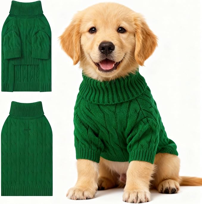 Small Dog Thermal Pullover Sweater, Classic Turtleneck Cable Knitwear Dog Clothes for Cold Weather Warm Pet Clothes for Chihuahua, Bulldog, Dachshund, Pug Green XX-Large