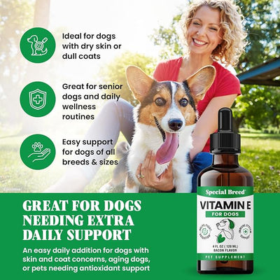 Vitamin E for Dogs Liquid 250 IU - Vitamin E Oil for Dogs Skin and Coat Support - Dog Immune Support Antioxidant Supplement - Bacon Flavor - 60 Servings - 2 oz