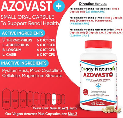 Azovast Plus Kidney Health Supplement for Dogs & Cats -24 Billion CFU- NO Refrigeration Required - Help Support Kidney Function & Manage Renal Toxins - Renal Care Supplement Capsule(U.S.A) (240 Caps)