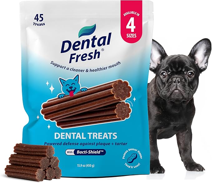 Dental Treats for Small Dogs, Vet-Formulated Teeth Cleaning Dental Sticks to Help Reduce Plaque and Tartar and Freshen Breath, 45 Count Brush Free Dental Chews for Dogs 11 to 25 lbs