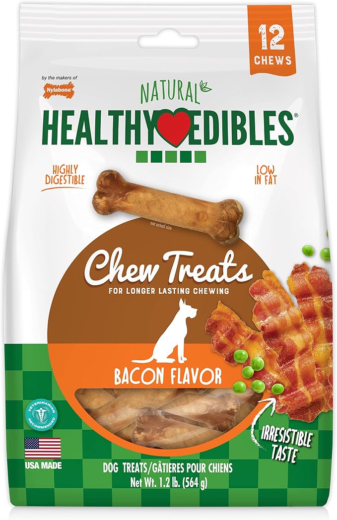 Healthy Edibles Natural Dog Chews Long Lasting Bacon Flavor Treats for Dogs, Small/Regular (12 Count)