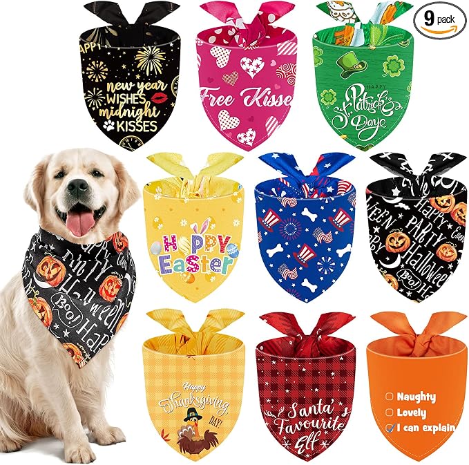 9 Pcs Holiday Dog Bandanas Halloween Thanksgiving Christmas Bandanas Birthday Scarf Adjustable Large Pet Washable Scarves for Large Dog Costume Supply