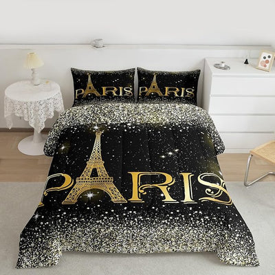 Erosebridal 3 Pcs Eiffel Tower Comforter Set,City Building of Paris Quilted Comforter King Size,Gold Yellow Ombre Glitter Bedding Set with 2 Pillow Cases