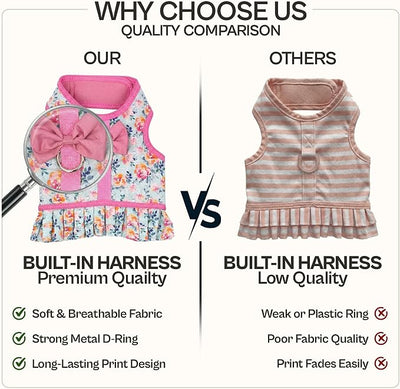 Parisian Pet Floral Dog Harness Dress - Breathable No Pull Puppy Dress with Pink Bow and Leash Ring - 100% Mesh Fabric Harnesses for Dogs - Soft Padded Step in Pet Vest - Dog Harness Small Sized Dogs