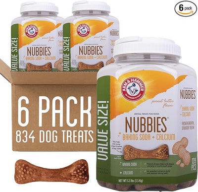 Arm & Hammer for Pets Nubbies Dental Treats Value Size - Baking Soda & Calcium Dog Dental Chews, Helps Scrub Plaque & Tartar While Chewing, Peanut Butter Flavor, 139 Count, 52.8 Oz - 6 Pack