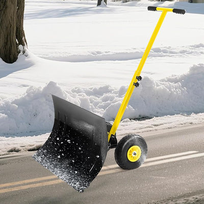Snow Shovel for Driveway with Wheels, 29.1" W x 19.3" H, Heavy Duty Snow Pusher, Snow Plow Shovel Rolling, Adjustable Angle & Height Carbon Steel Metal Blade, for Snow Removal Clear, for Garden, Deck