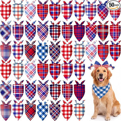 Abbylike 50 Pcs 4th of July Plaid Dog Bandanas Bulk Red White Blue Gingham Bandana for Dogs Triangle Kerchief Bib Scarf for Pet Independence Day 250th Anniversary Patriotic Party Costume, 25 Styles