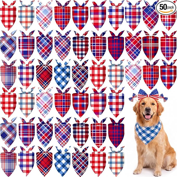 50 Pcs 4th of July Plaid Dog Bandanas Bulk Red White Blue Gingham Bandana for Dogs Triangle Kerchief Bib Scarf for Pet Independence Day 250th Anniversary Patriotic Party Costume, 25 Styles