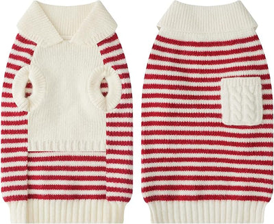 Small Dog Sweater, Knitted Striped Pullover Dog Clothes for Cold Weather, Thick Warm Cozy Stretchy Sweater for Chihuahua, Bulldog, Dachshund, Pug(Red & White Strip, L)