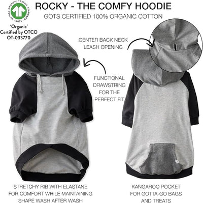 Pet Passion Rocky – The Original Lightweight Hooded Tee 100% Organic Cotton Dog Hoodie Pet Coat Sweater for All Sized Dogs, Heather Gray Color Block, XX-Small (4-7 lbs)