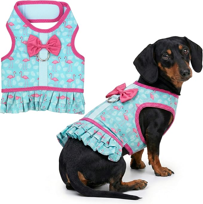 Flamingo Dog Harness Dress - Breathable No Pull Puppy Dress with Leash Ring - 100% Mesh Fabric Harnesses for Dogs - Soft Padded Step in Pet Vest - All Weather Dog Harness for Large Dogs