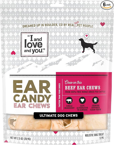 I and love and you Ear Candy Cow Ear Chews - Beef - Rawhide Alternative, Single Ingredient, Free Range Grass Fed Beef, 5ct