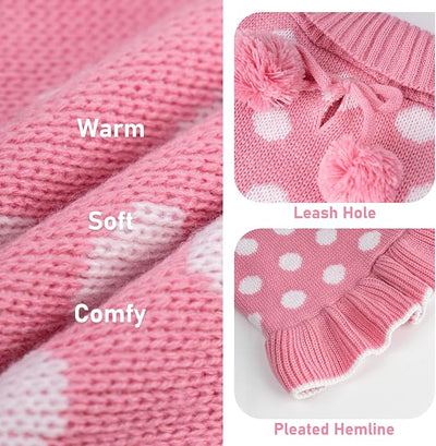 KYEESE Valentines Dog Sweater Dress, Warm Dog Sweaters for Small Dogs Girl Dogs Clothes, Pullover Cozy Knit Pet Apparel with Leash Hole, Pink Dot, M