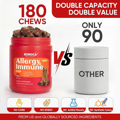 Dog Allergy Relief Chews – Anti Itch & Skin Support for Dogs, Stops Scratching, Paw Licking & Hot Spots, Probiotics for Gut & Immune Health, Chicken Flavor, 180 Soft Chews
