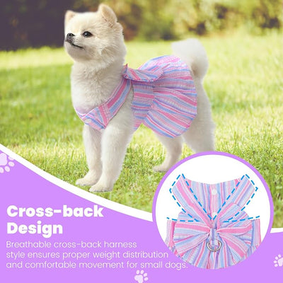 Pet Dog Harness Dress, Cute Striped Pattern with Bow, Princess Puppy Dresses with Button Closure, Summer Dog Clothes for Small Dogs Girl (Purple, X-Large)