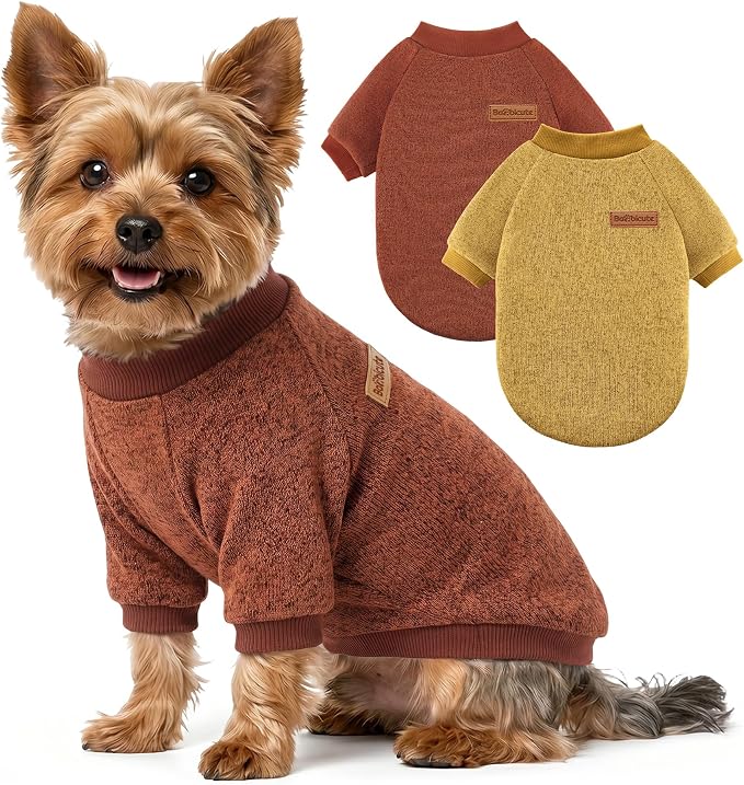 2 Pack Dog Sweaters for Small Dogs Girl Boy Winter Fleece Clothes Warm Soft Dog Sweatshirt Outfit for Dogs Cats Pet Apparel (Brown+Yellow, M (Back: 13.7",Chest: 17.7", 10-14Ibs))