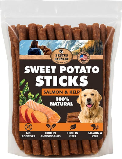 Sweet Potato Dog Treats - Grain Free, Salmon & Kelp Crunchy Sticks - Great Tasting, Promotes Positive Dog Gut Health with Natural Anti-Diarrhea Properties, No Preservatives Added (14oz)